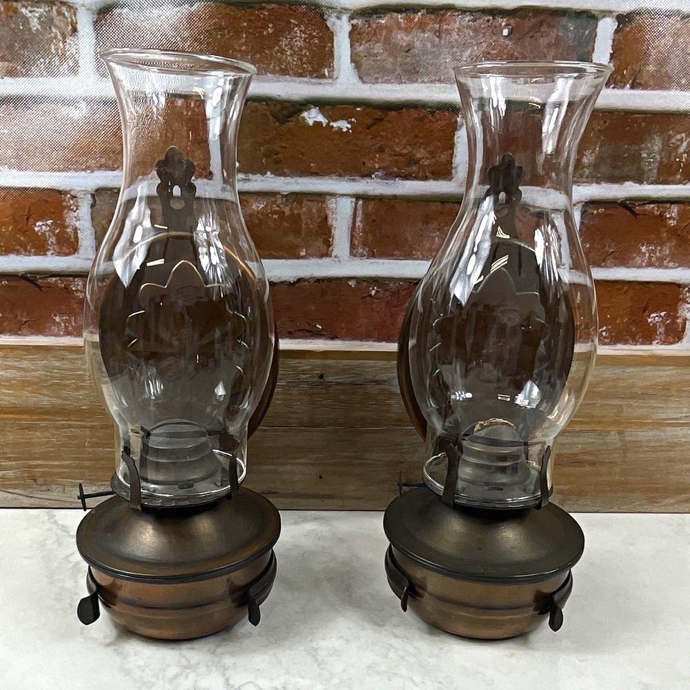 Set 2 Wall Sconce Metal & Clear Glass Hurricane Candle Holders Victorian 12in - Picture 2 of 10